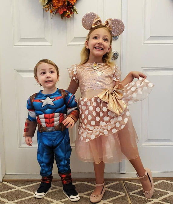  Joshy(age 2) and Leah(age 4) Delgado dressed as  Captain America and Princess Minnie
